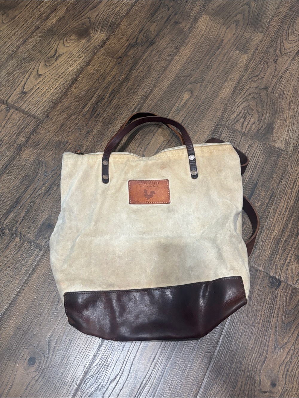 Canvas Backpack Tote with Dark Brown Leather Accent - Unbranded